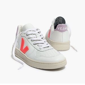 Madewell X Veja V-10 leather white Sneakers W/ Neon Orange